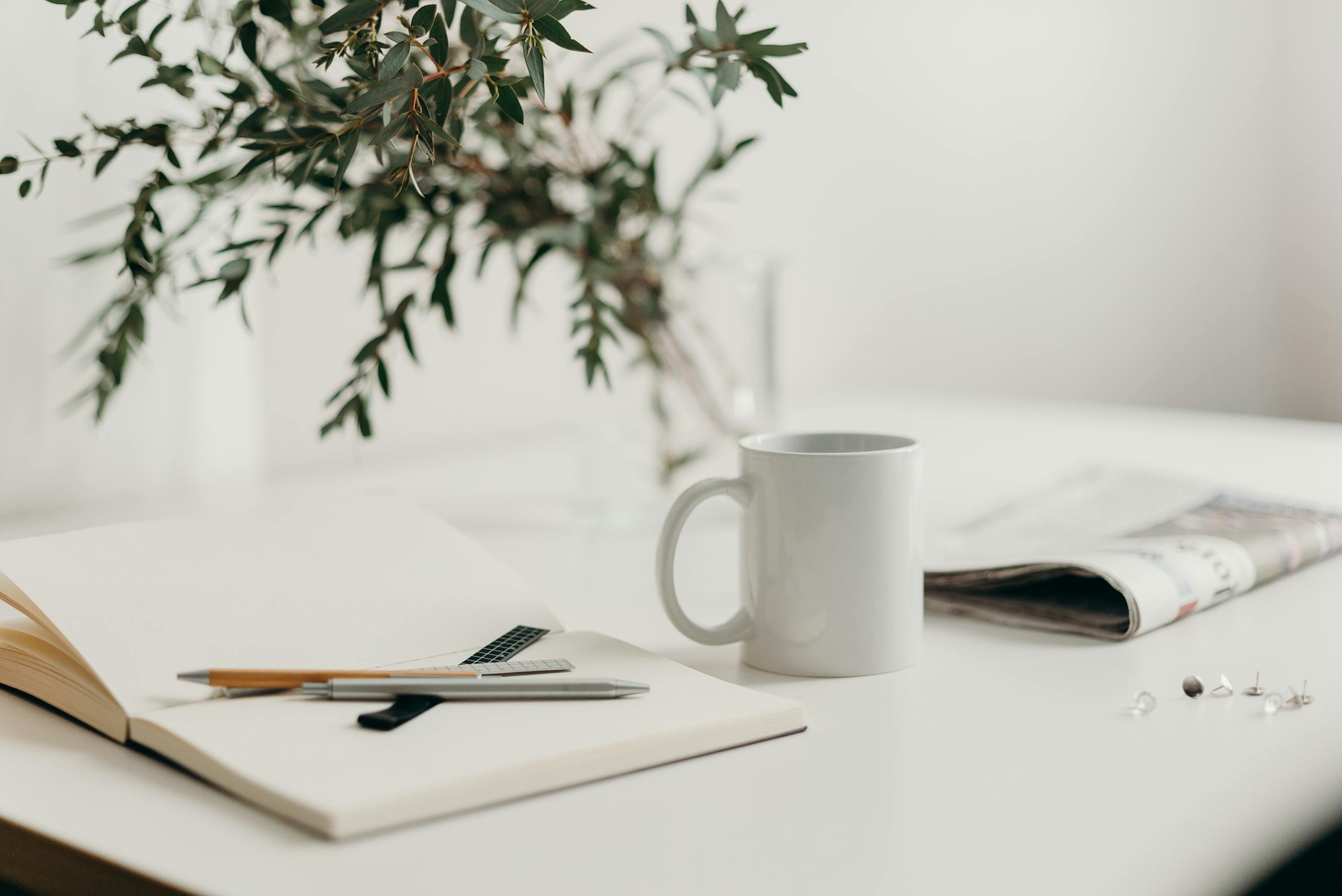 A serene minimalist workspace featuring a white coffee mug, open notebook, and green plant vase on a desk.